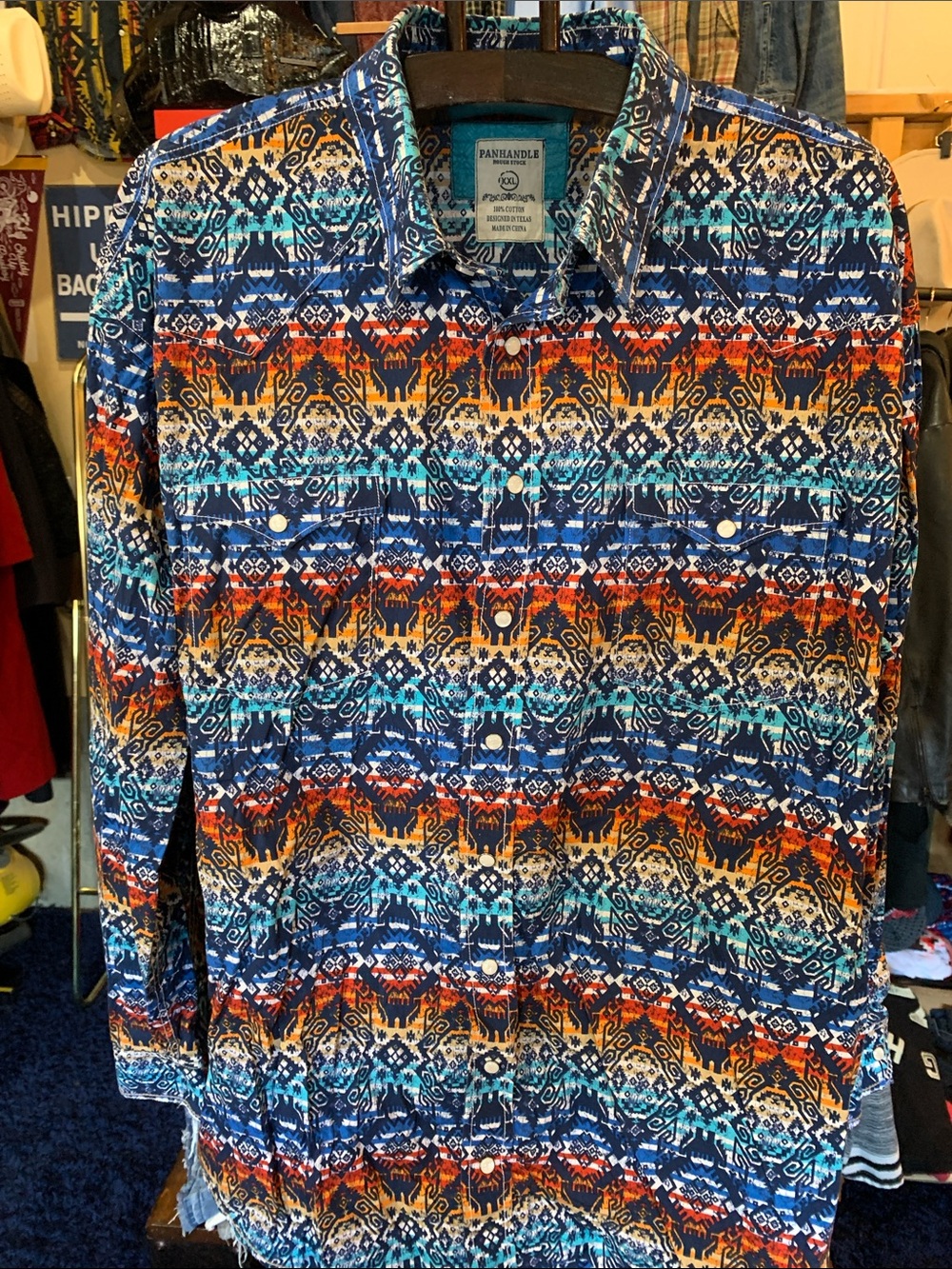 Panhandle Slim Multicolor Aztec Print Button-Down Shirt (Blue, Orange, Teal)